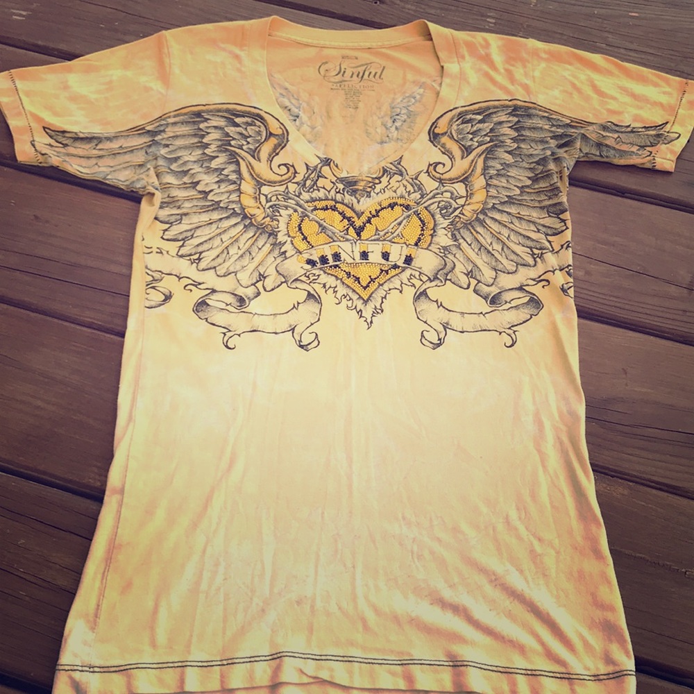 Sinful yellow V Neck Tee with rhinestones